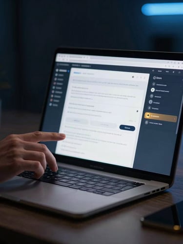 Focused local business owner interacting with a clean software interface on a laptop, moody low-key ambient lighting, sharp blue and gold neon accent glows, 35mm