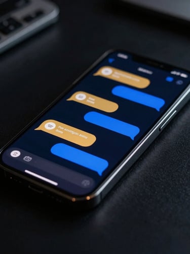 Sleek dark-mode smartphone mockup on a polished black desk, displaying an automated SMS text conversation with gold and royal blue message bubbles, moody low-key lighting, macro focus, 35mm