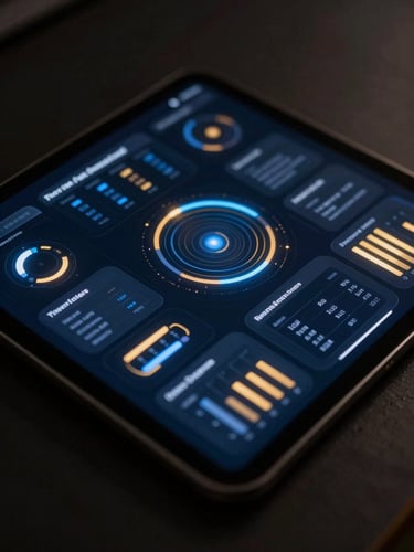 Sleek dark-mode tech photography of a modern tablet displaying glowing business intelligence dashboards, moody low-key lighting with sharp blue and gold neon accent glows, macro focus