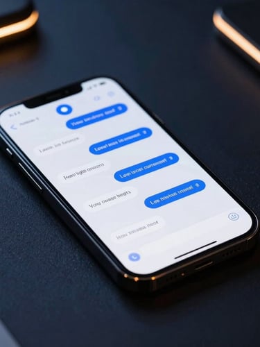 Sleek modern smartphone on a dark obsidian desk showing a real-time automated text message conversation with a local customer, glowing blue notification light, macro focus