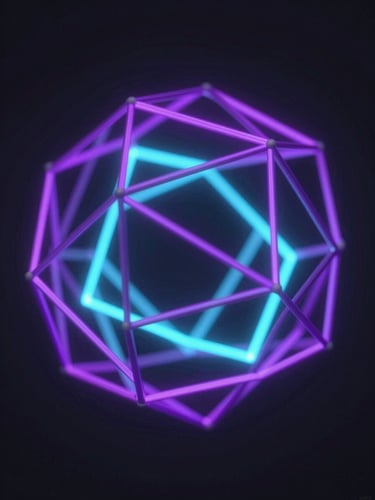 Macro close-up of an abstract 3D geometric wireframe structure, glowing network topologies in electric purple and cyan emissive light, deep obsidian background, sharp angles, octane render.