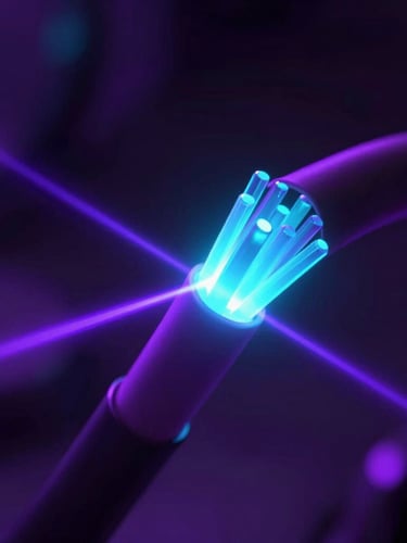 Macro close-up of optical fiber cables glowing with intense cyan and purple laser light, dark futuristic atmosphere, shallow depth of field, octane render