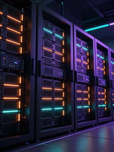 Wide architectural perspective of a high-security server room, server racks illuminated by sharp hot orange and cyan LED lines, low-key lighting, deep shadows, octane render.