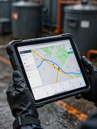 A rugged tablet held by gloved hands in heavy rain, water droplets splashing on the highly bright screen showing a logistics map, dark industrial background, 35mm
