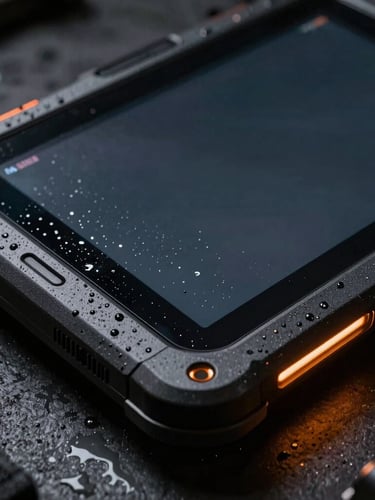 Macro shot of a rugged tactical tablet with reinforced corners, splashed with water, glowing 1000-nit screen, high-contrast dark charcoal and tactical orange lighting, 35mm