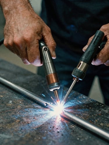 Moody close-up of a builder's hands adjusting a TIG torch over a clean aluminum weld, harsh side-lighting, raw metallic tones, 35mm film grain.