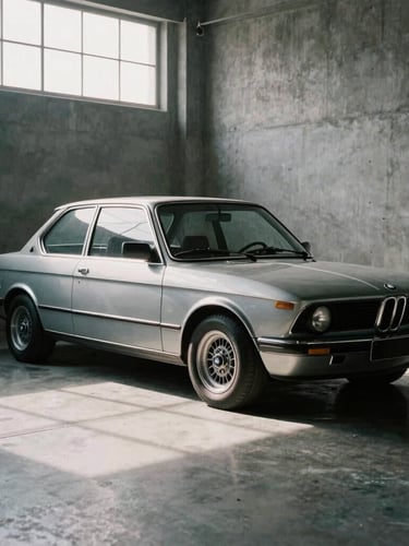 A clean, restored vintage BMW E21 chassis sitting in a minimalist concrete workshop, dramatic shadows, soft overcast light cutting through a high window, desaturated metallic tones.