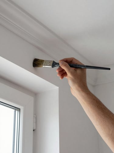 Close-up of a master painter's hand holding a brush with perfect technique against crisp white crown molding, natural window light, sharp focus, 35mm