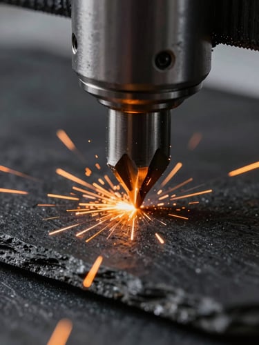 Macro extreme close-up of a CNC router bit cutting through dark slate material, sharp orange sparks, high-contrast industrial lighting.