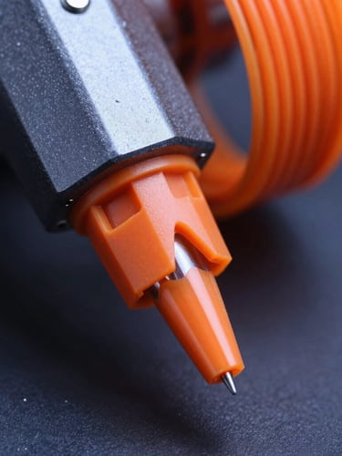 Macro shot of a 3D printing nozzle extruding orange filament, sharp technical lighting, deep slate background, shallow depth of field