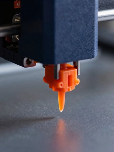 Macro shot of a 3D printer nozzle extruding safety-orange resin, sharp shadows, high-contrast technical lighting.