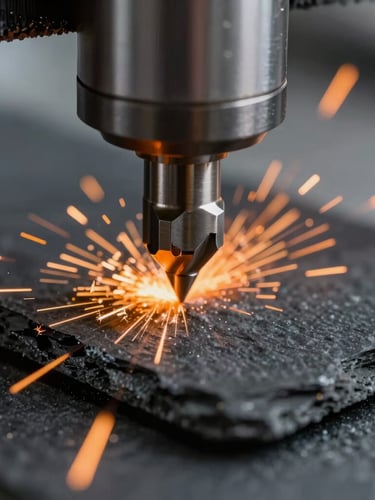 Macro close-up of a CNC router bit cutting through a block of dark slate-colored composite material, orange sparks, sharp focus, industrial depth of field