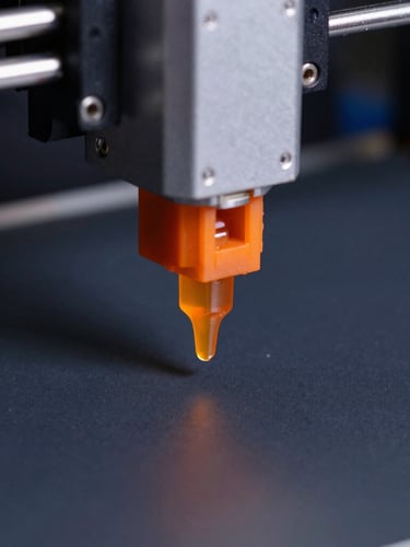 A high-contrast technical shot of a 3D printer nozzle extruding orange resin, sharp shadows, deep slate background, macro depth of field.