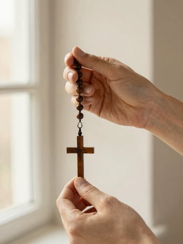 Close-up of hands holding a dark wooden rosary under soft morning window light, warm editorial photography, 35mm