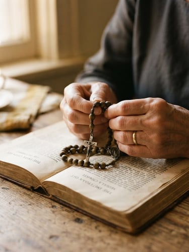Close-up of hands gently holding a wooden rosary resting on an open book, warm natural morning light filtering through a window, soft shadows, muted cream tones, 35mm photography.