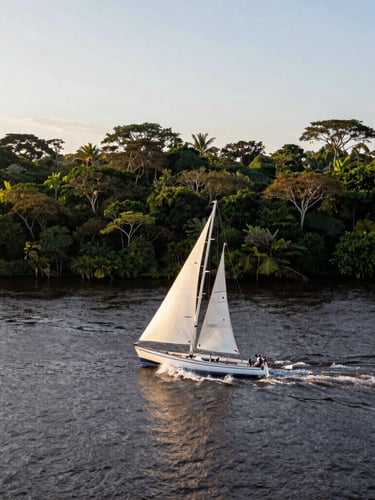 Vista aérea de um barco de alta performance cortando as águas espelhadas do Rio Negro ao amanhecer, cercado por floresta densa.