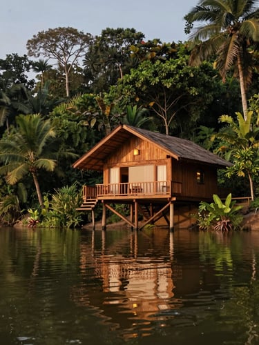 Warm evening light illuminating a rustic-luxury wooden lodge on the riverbank, dense tropical jungle background, reflections on the calm water, low-angle perspective.