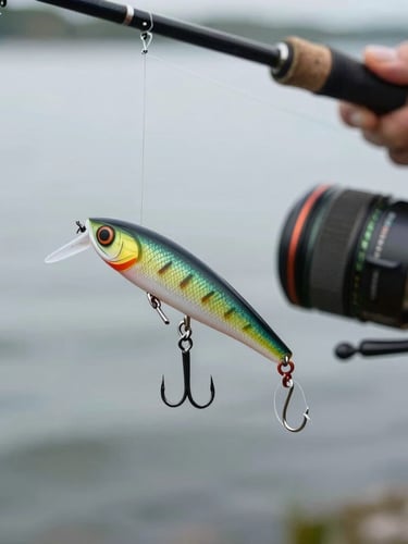 Macro shot of a custom artificial lure hooked to a high-end fishing line, held by an angler over the water, soft focus background