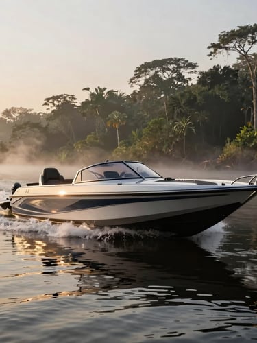 Low-angle shot of a high-performance bass boat cutting through early morning river mist, glassy dark water, dramatic golden hour light, expansive background of Amazon jungle.
