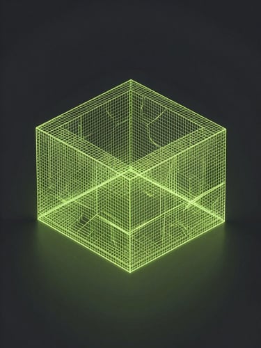 Wide isometric architectural render of a minimalist virtual structure, glowing cyber-lime wireframe grid lines on a deep slate background, clean ambient digital studio glow.