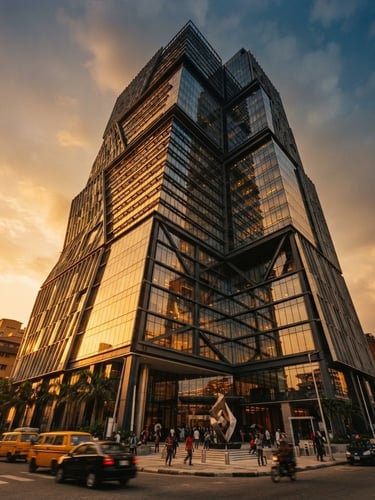 Low-angle architectural perspective of a modern corporate headquarters in Lagos, warm golden-hour sunlight reflecting off glass and steel facades, professional 35mm film aesthetic