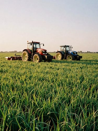 Mechanized agriculture in Oyo State, high-tech tractors working a vast green field under a warm midday sun, low-angle environmental perspective, 35mm film aesthetic