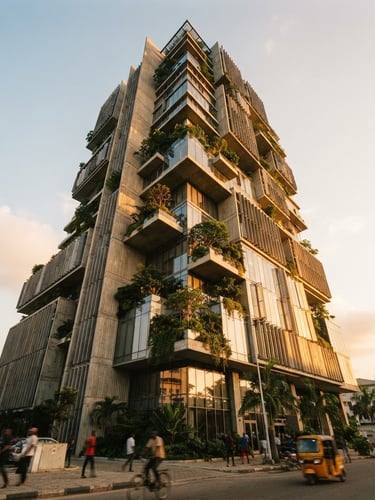 Low-angle architectural perspective of a modern, sustainable high-rise facade in Lagos under warm golden-hour sunlight, concrete and glass details.