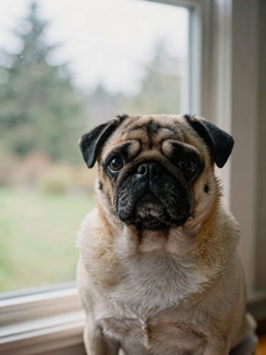 A close-up eye-level portrait of a fawn pug sitting by a window in a Seattle home, soft overcast daylight, natural depth of field, 35mm documentary photography.