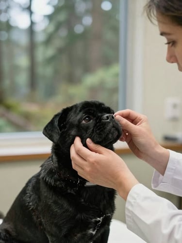 A veterinarian in a quiet Seattle clinic gently examining a black pug's eyes, warm natural light, documentary style, soft focus background.