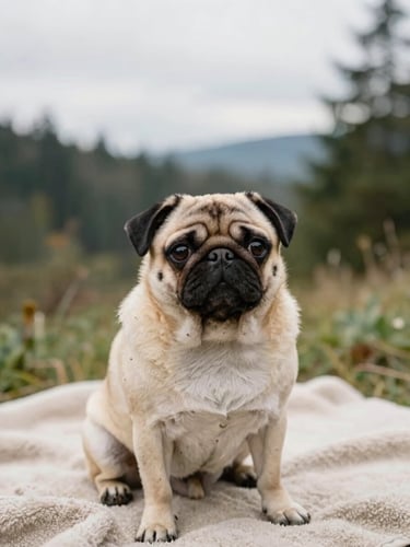 Eye-level portrait of a fawn pug sitting on an oatmeal-colored blanket, soft overcast Seattle daylight, natural depth of field, 35mm