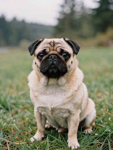An eye-level portrait of a fawn pug sitting in wet green grass, soft overcast Seattle daylight, natural depth of field, 35mm