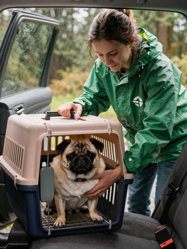 A volunteer in a green raincoat gently lifting a pug into a clean transport crate inside a car during a soft Seattle drizzle, warm natural light, 35mm