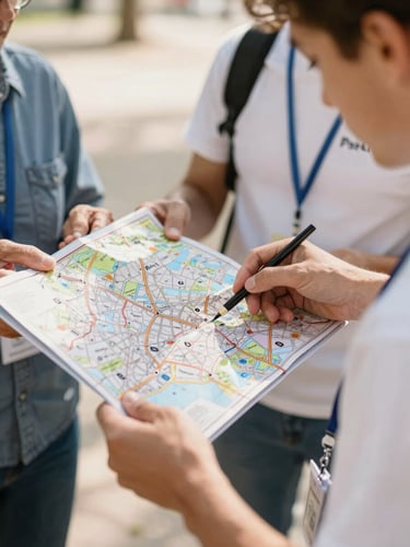 Close-up of hands of a senior and a young volunteer holding a map of Paris 13 together, bright warm daylight, natural soft focus.