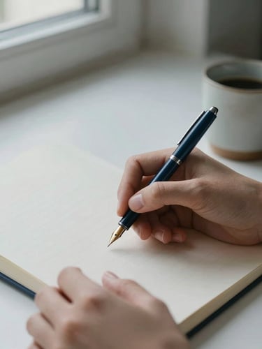A close-up of hands holding a fountain pen over a textured paper journal, clean desk space with a ceramic cup, soft natural window light, calm editorial feel.