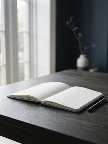A quiet, minimalist study with soft morning light streaming through a tall window, a single open notebook on a dark oak table, shallow depth of field, muted navy tones.