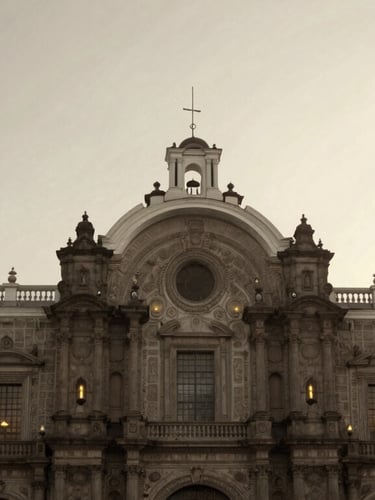 Historical black and white photograph of a majestic colonial cathedral in Lima, soft golden sunlight filtering through old windows, classical architectural details, atmospheric and solemn