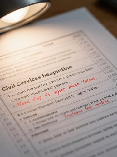 Macro close-up of a handwritten civil services mains answer sheet with detailed red ink corrections, margin feedback, and structural score rubrics under a warm desk lamp.