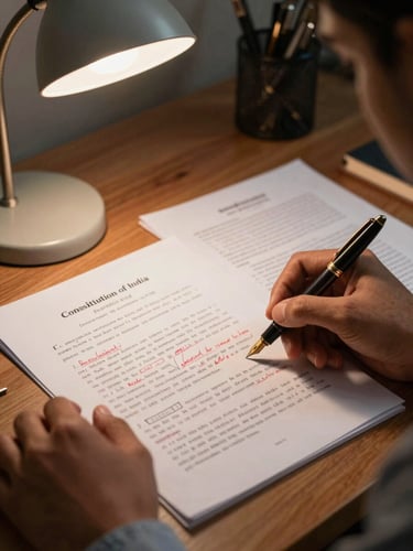 A focused aspirant's desk with a copy of the Constitution of India, a handwritten essay draft with red ink corrections, and a classic fountain pen under warm desk lamp light.