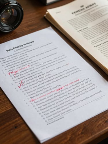 A close-up photograph of handwritten mains answer sheets with precise red ink corrections, resting on a dark wooden library desk next to a physical copy of the Indian Constitution, warm natural light.