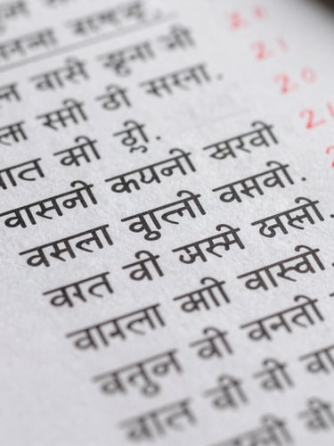 Macro close-up of a handwritten Hindi Mains answer sheet, showcasing elegant Devanagari script with precise examiner margin notes in red ink.