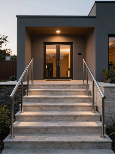 Straight-on architectural photo of a completed modern entrance transformation, crisp aluminum handrails, clean limestone steps, dusk backlighting.