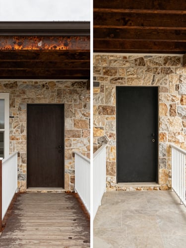 Before and after split screen showing a rusted wooden porch transformed into a modern limestone entryway with white aluminum railings