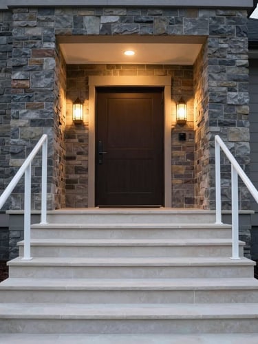 Straight-on architectural photograph of a completed modern home entrance, crisp white aluminum handrails, clean limestone steps, warm dusk backlighting, 35mm lens.