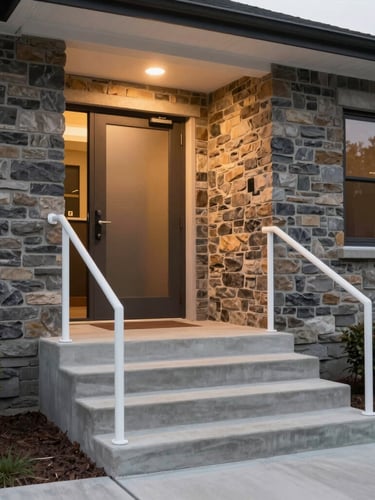A beautifully restored modern home entrance with white aluminum handrails, pristine concrete steps, and warm downlighting at dusk, 35mm lens