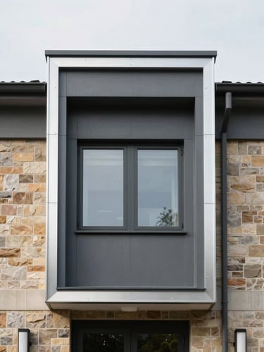 Straight-on architectural framing of a modern charcoal facade, crisp aluminum flashing details, soft overcast daylight, sharp focus