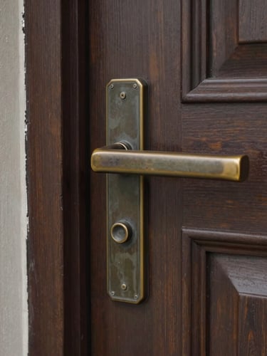 Macro detail shot of custom bronze hardware and clean caulking on a newly installed dark wood front door, natural overcast daylight.