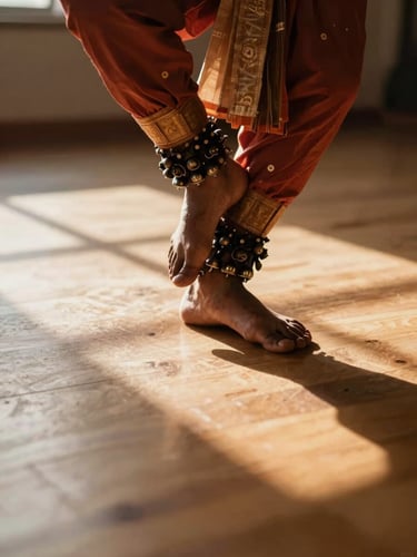 Close-up of a Bharatanatyam dancer's feet in aramandi stance on a wooden practice floor, ankle bells visible, warm afternoon light through a high window casting long shadows across the floor, no performer's face visible