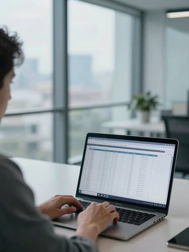 Over-the-shoulder view of a professional working on a laptop in a modern, clean office, structured data patterns visible on screen, cool crisp daylight, desaturated blues and architectural grays, sharp focus, architectural lens.