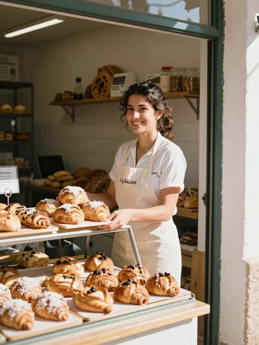 A warm, sunlit interior of a local Spanish bakery in Los Alcázares, a smiling female merchant presenting fresh pastries, warm Mediterranean morning light pouring through the window, 35mm photography.