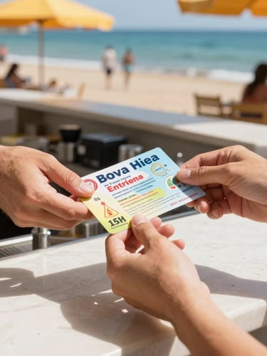 Close-up of hands exchanging a colorful local voucher at a sunny beachside cafe counter, warm Mediterranean sunlight, vibrant coastal tones
